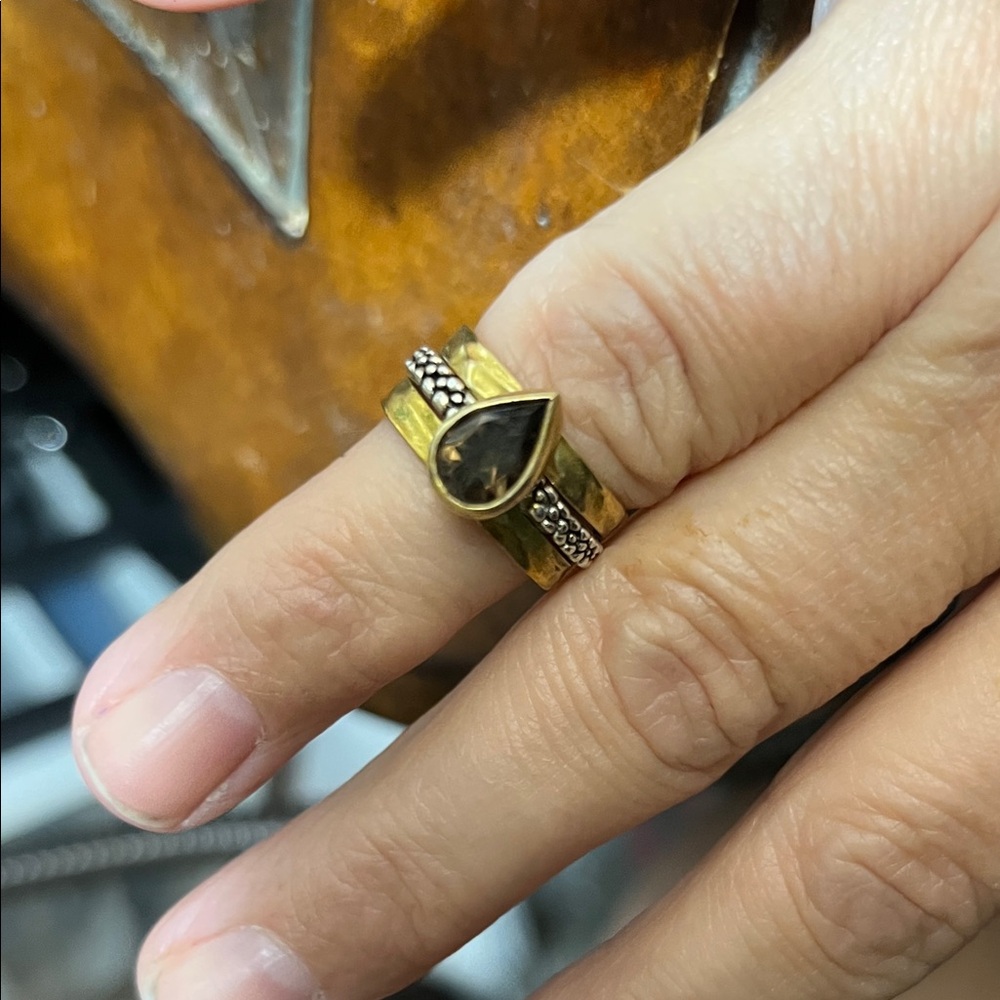 Sara Blaine 3 Ring Set, 2 Gold Tone And 1 Smokey Quatrz Teardrop Ring